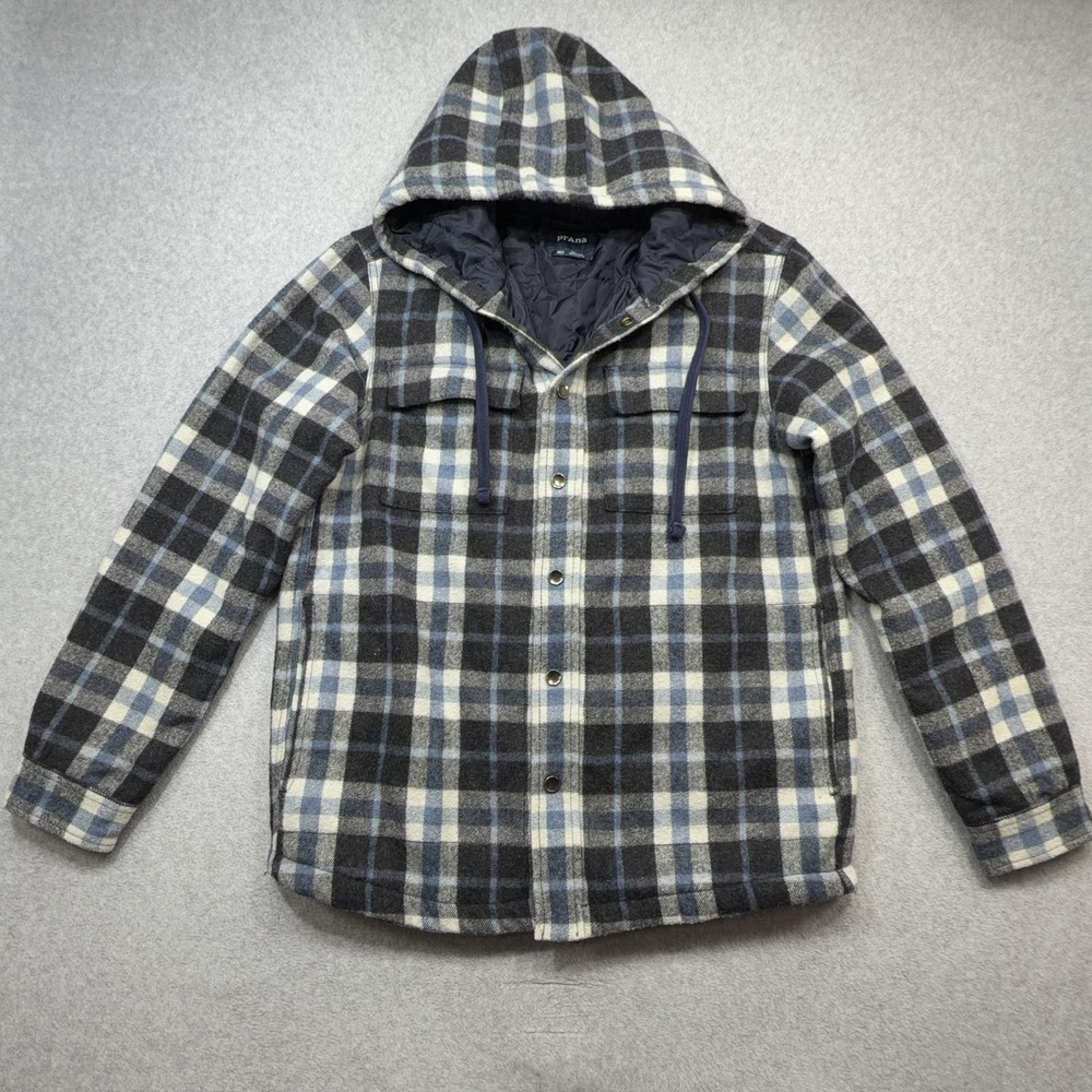 PrAna Asgard Hooded Flannel Jacket Mens Medium Blue Plaid Wool Blend Pockets